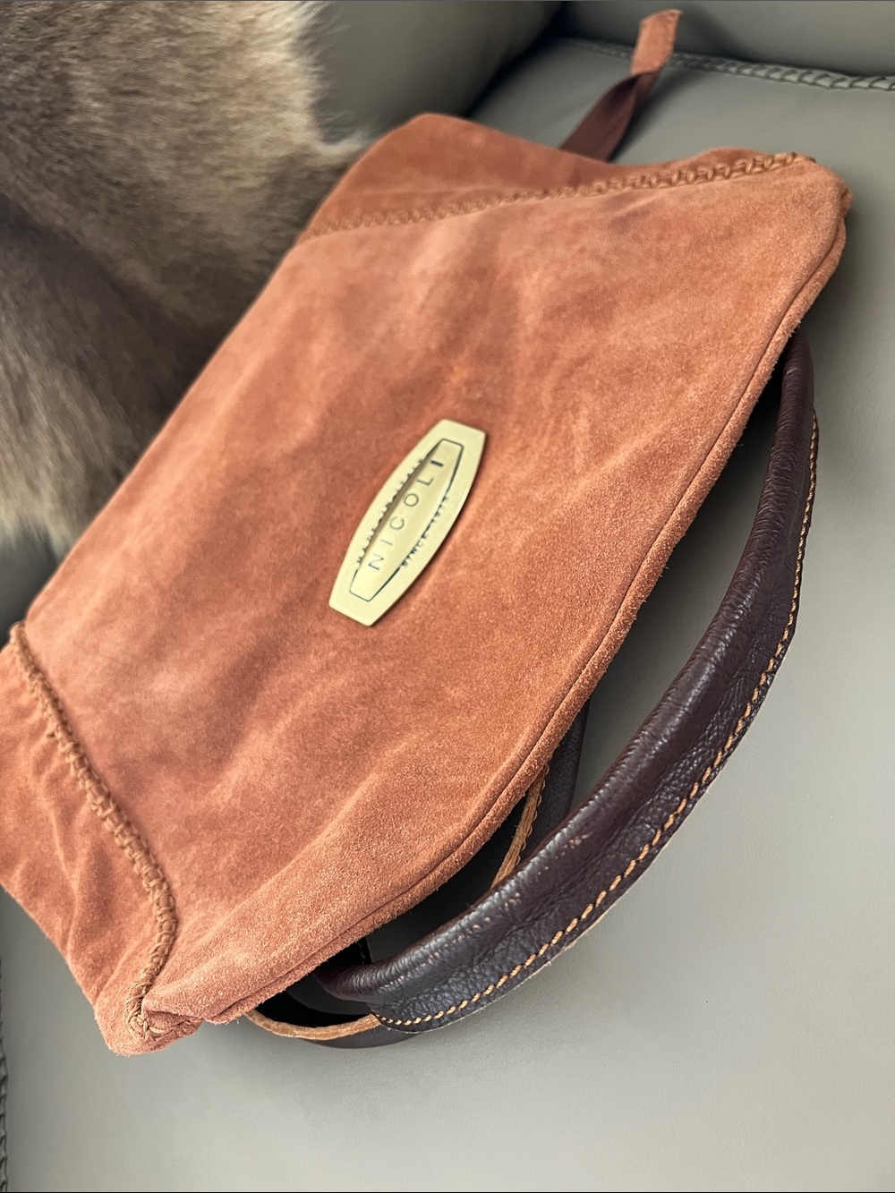 NICOLI Rust Suede Leather Tote Bag Made in Italy - Picture 8 of 13